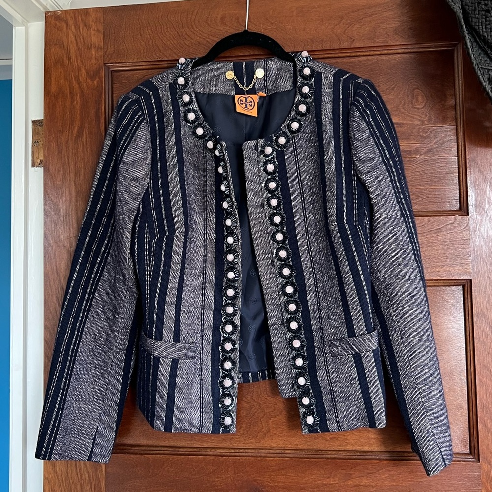 Tory Burch Navy and Gray Striped Blazer